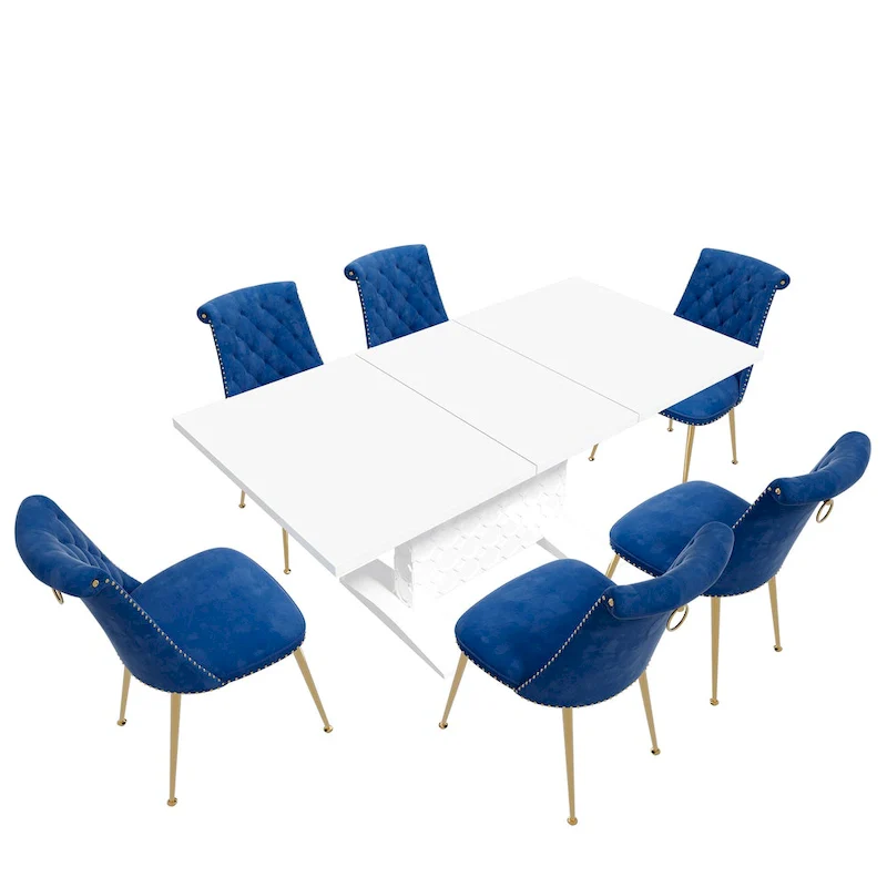 7-Piece Clihome High-gloss Extendable Table Velvet Chair Dining Set