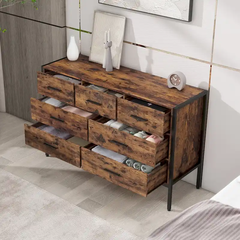 7-Drawer Horizontal Dresser, Wooden Storage Closet for Bedroom, Solid Clothes Cabinet with Sturdy Steel Frame