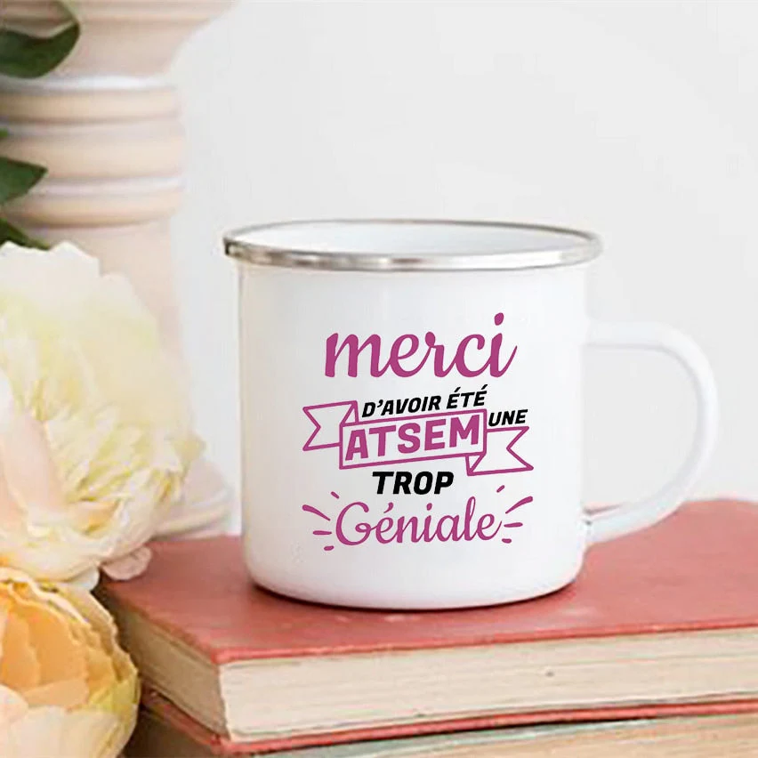 HULIANFU Merci Maîtresse/Atsem Print Coffee Mug Creative Enamel Cups Drinks Water Milk Cup Mug School Home Handle Drinkware Teacher Gifts - Deanwangkt