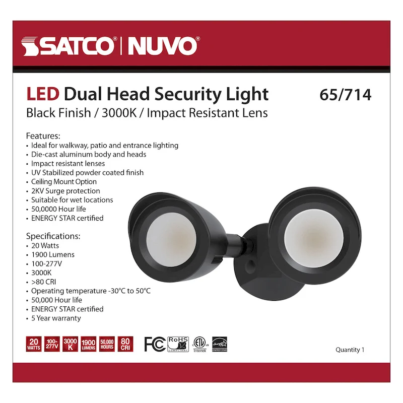 LED Security Light Dual Head Black Finish 3000K