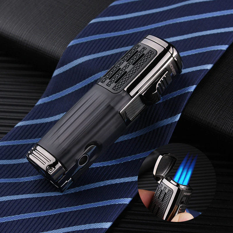 HULIANFU Metal Windproof Spray Gun Gas Lighter Smoking Four FlamesTorch 1300 C Multifunction Cigar Butane Lighters With Cigar Cutter - Deanwangkt