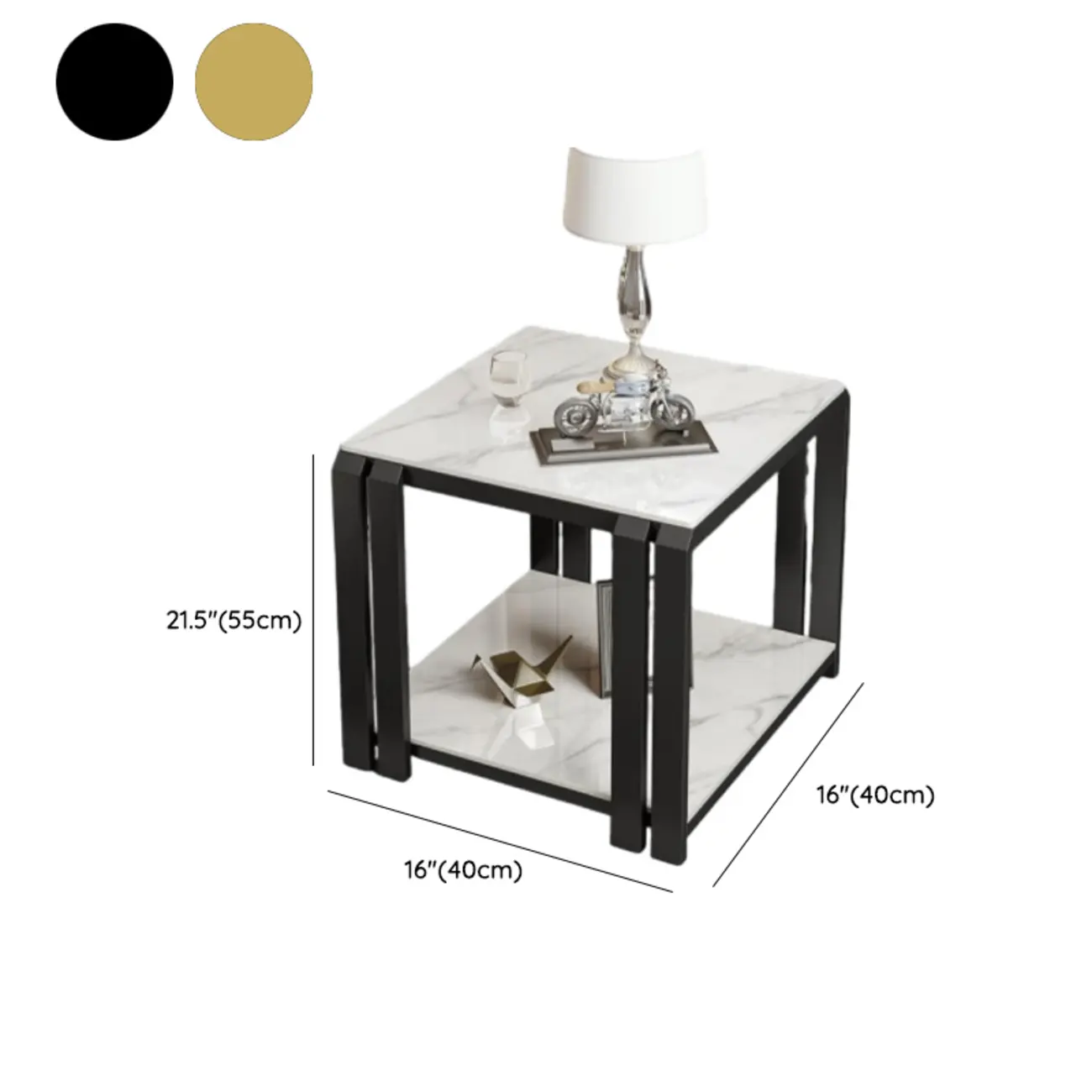 Gold-Black 2-Tier Stone Top Square Metal Frame Side Table