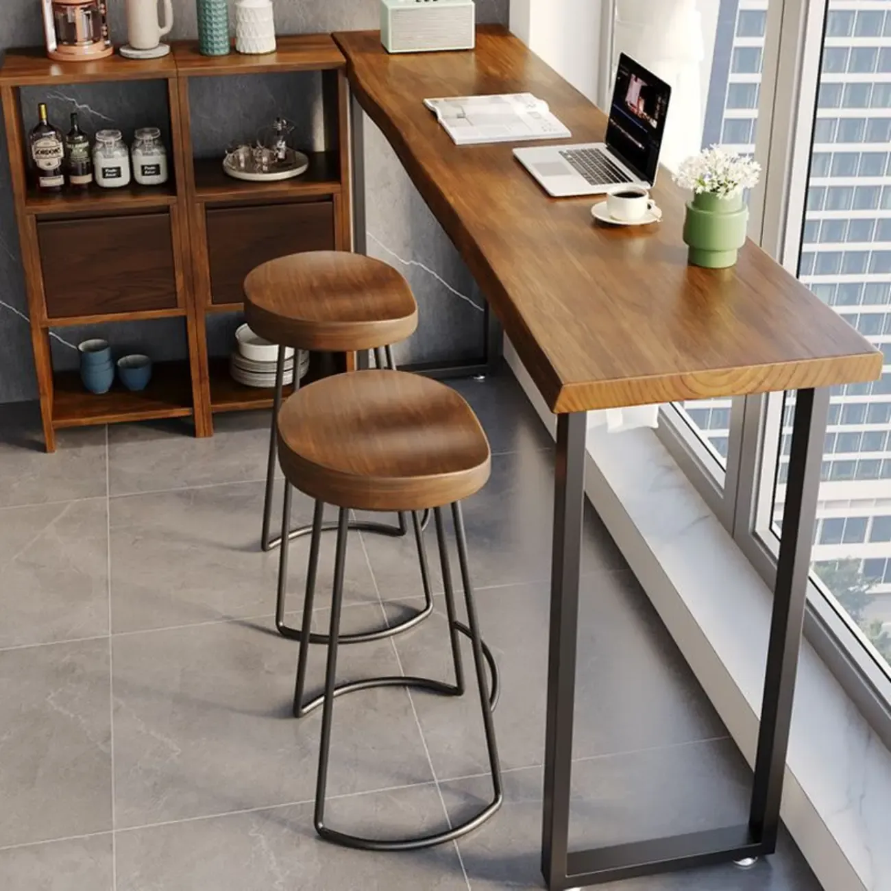 Modern Brown Wooden Top Rectangle Bar Table Metal Base