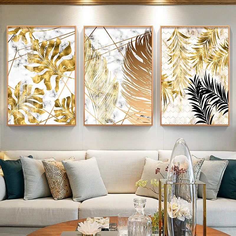HULIANFU Nordic Golden Abstract Leaf Flower Wall Art Canvas Painting Modern Plant Poster Print Wall Picture Living Room Unique Decoration - Deanwangkt