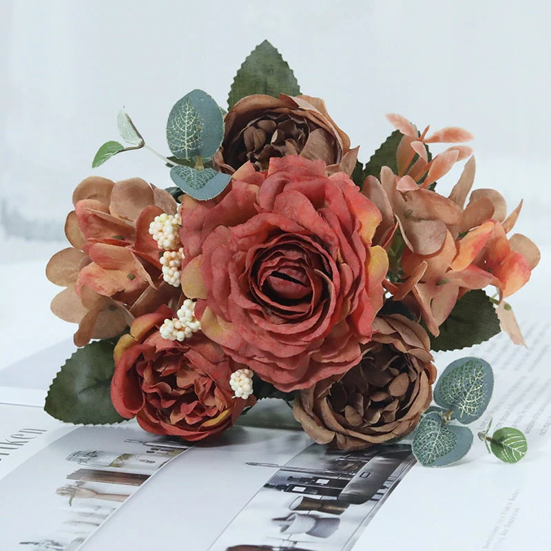 HULIANFU 2026  Beautiful Hydrangea Roses Artificial Flowers for Home Wedding Decorations High Quality Autumn Bouquet Mousse Peony Fake Flower - Deanwangkt