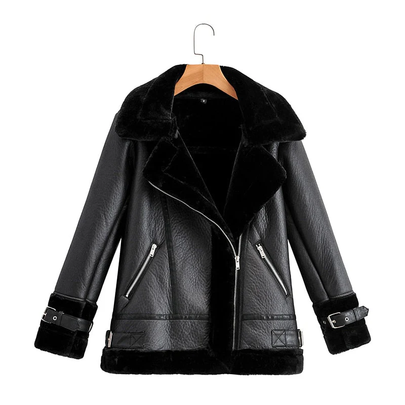 Autumn Winter Coat Women Pu Faux Soft Leather Black White Sheepskin Fur Jacket Female Aviator Outwear Casaco Feminino - Deanwangkt