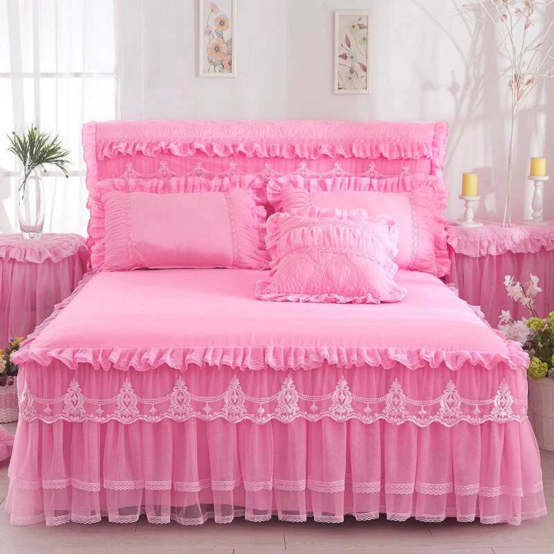 HULIANFU  1 Piece Lace Bed Skirt +2pieces Pillowcases bedding set Princess Bedding Bedspreads sheet Bed For Girl bed Cover King/Queen size - Deanwangkt