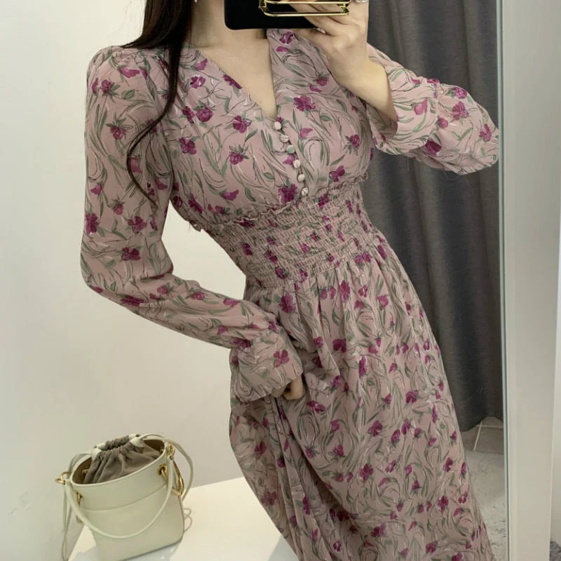 Hulianfu New Flower Dress Women Floral Chiffon Clothes Maxi Dresses Beach Elegant Autumn Pink Korean Long Sleeve V Neck Vestidos De Mujer - Deanwangkt