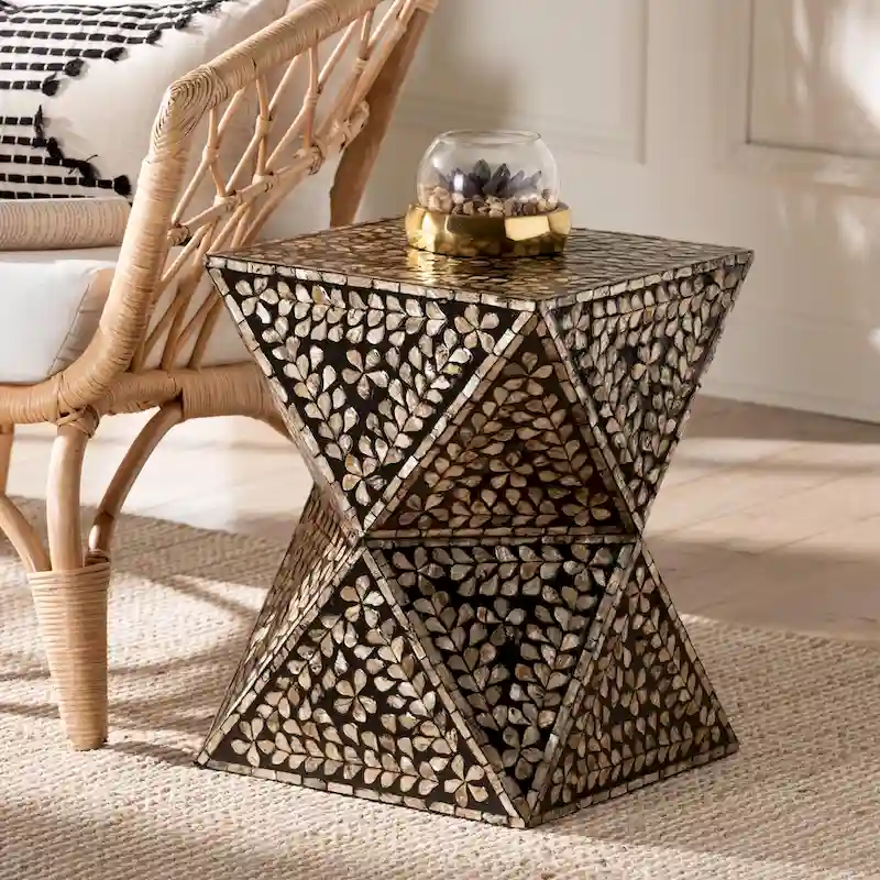 Feronia Modern Bohemian Black and Bronze Mother of Pearl End Table