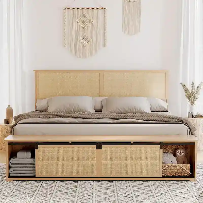 Natural Rattan Full Size Bed Frame with Sliding Barn Door Storage Cabinets