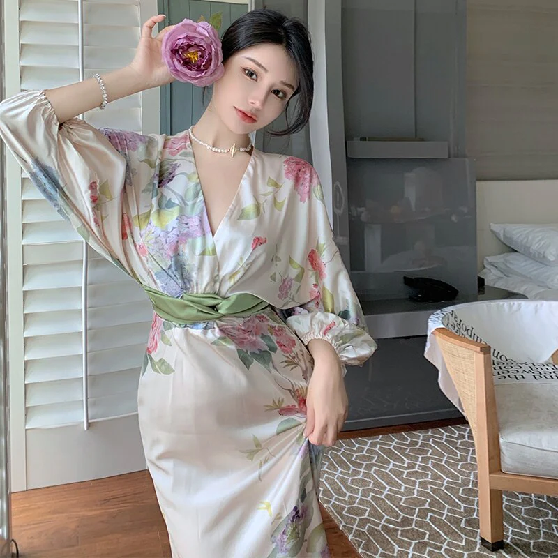 Hulianfu Printing Midi Bodycon Dress Elegant Japan Style V-Neck Long Half Batwing Sleeve Sashes Floral Maxi Dresses for Women Summer 2026 - Deanwangkt