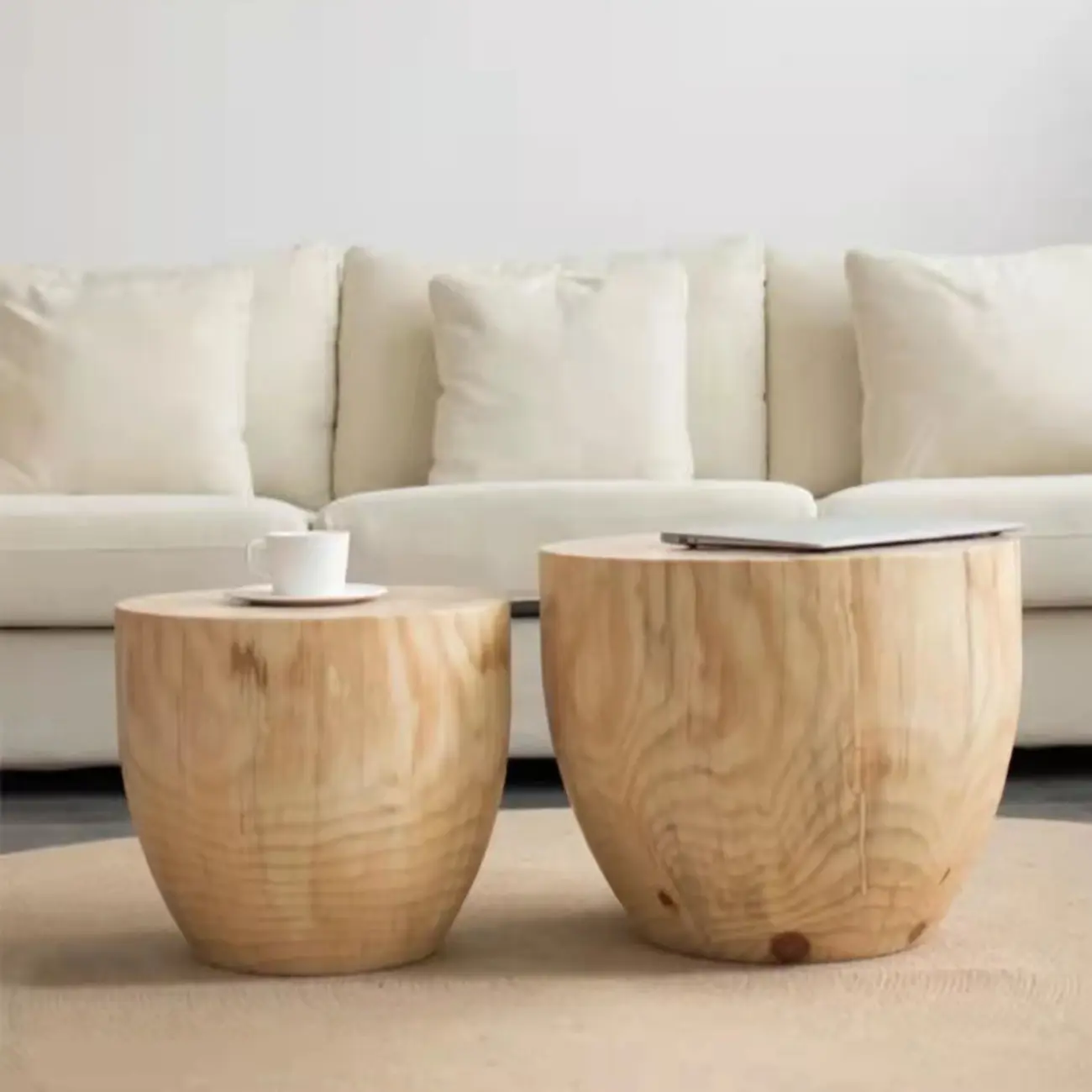 Natural Wood Drum-Shaped Nesting Chairside Table