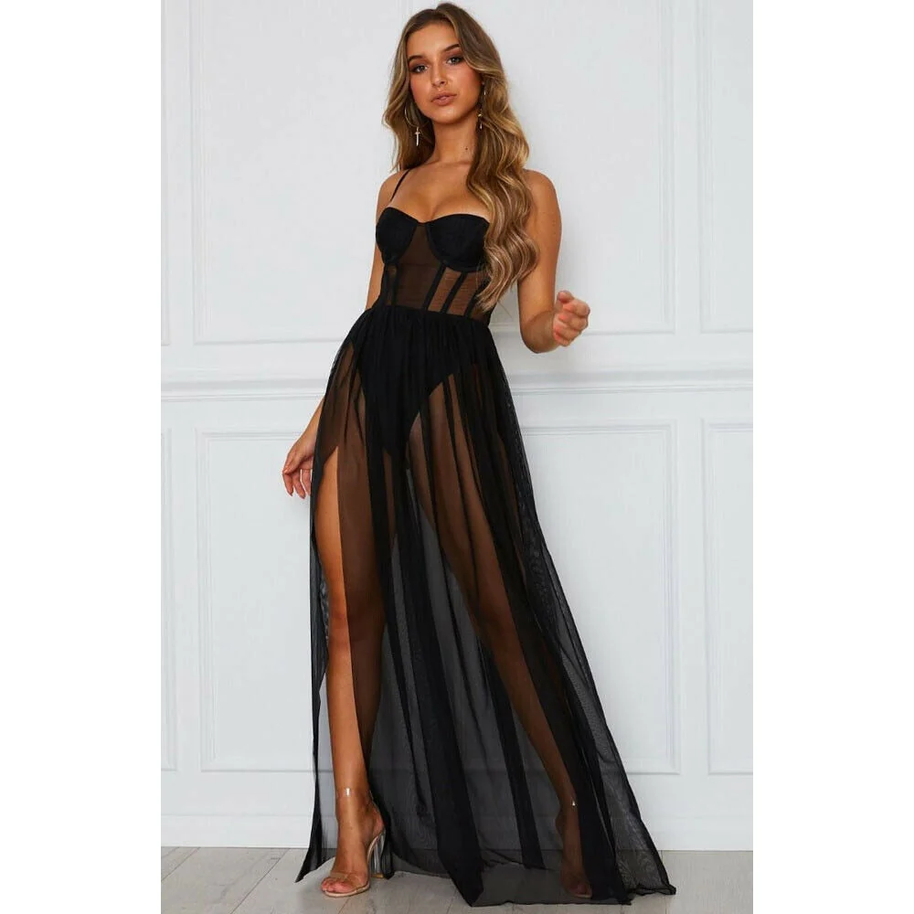 Sexy Women Boho Retro See-through Bodycon Spaghetti Strap Long Dress Elastic High Waist Party Summer Beach Bodysuit Sundress - Deanwangkt