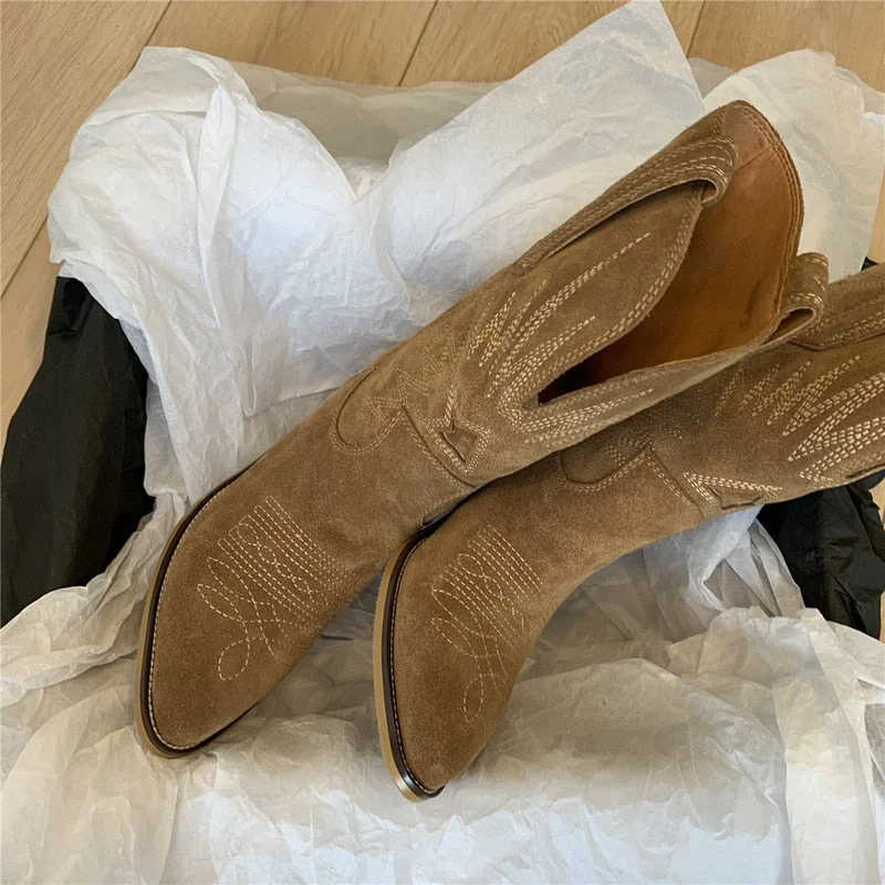 Natural Embroidered Women Boots Leather Handmade Pointed Toe Spike Heel Autumn Winter Boots Cowboy New Western Retro Botas - Deanwangkt