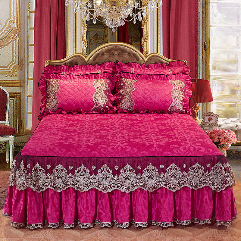 HULIANFU Velvet Warm Quilted Bedding Bed Skirt Pillowcases Home Textile Princess Thick Bedspread Lace Bedsheet Mattress Cover With Cotton - Deanwangkt