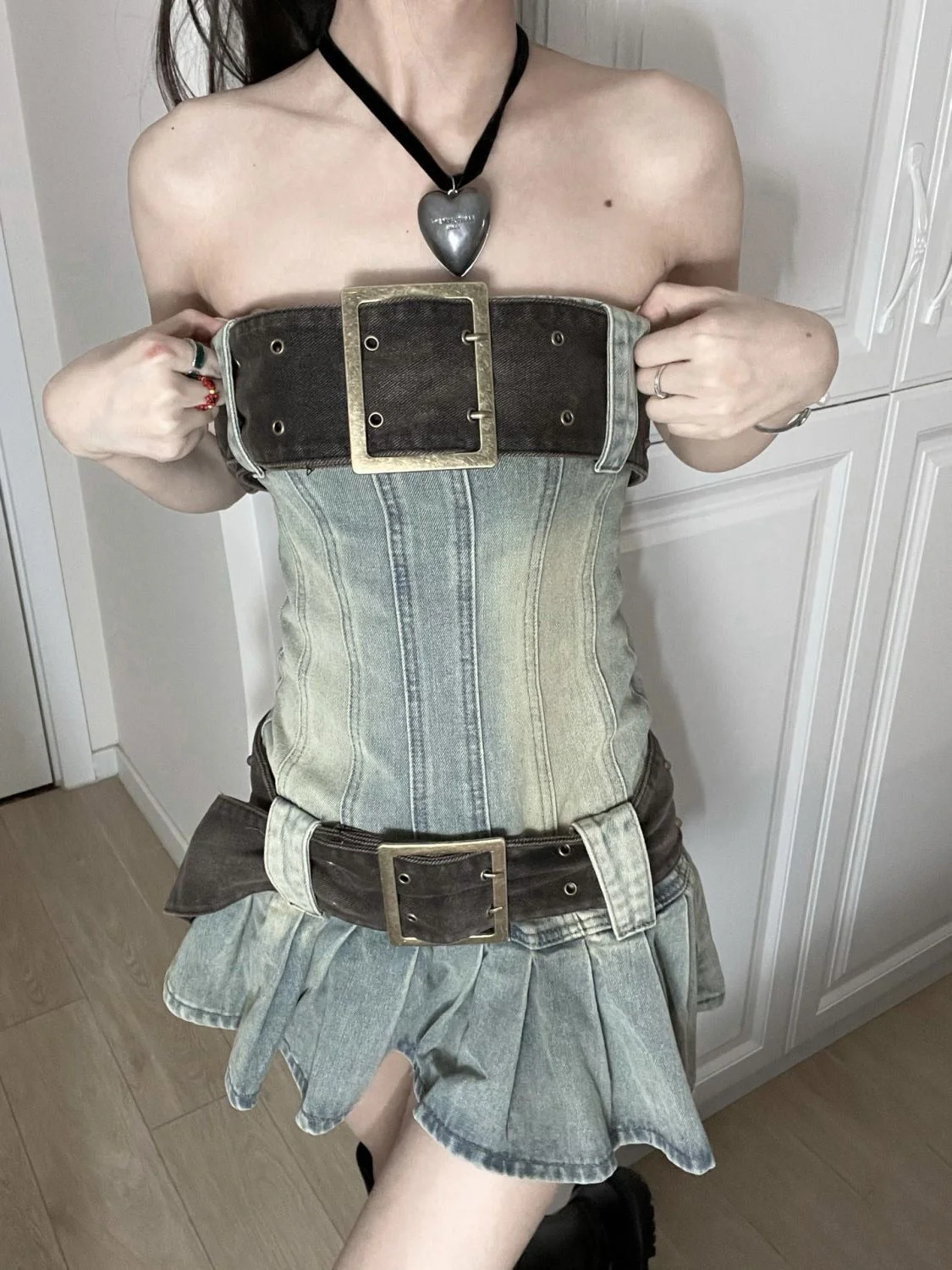Y2K Vintage Women Korean Sexy Wrap Chest Belted Pleated Denim Dress Aesthetic Fairy Grunge High Waist A-line Dresses Alt Clothes - Deanwangkt