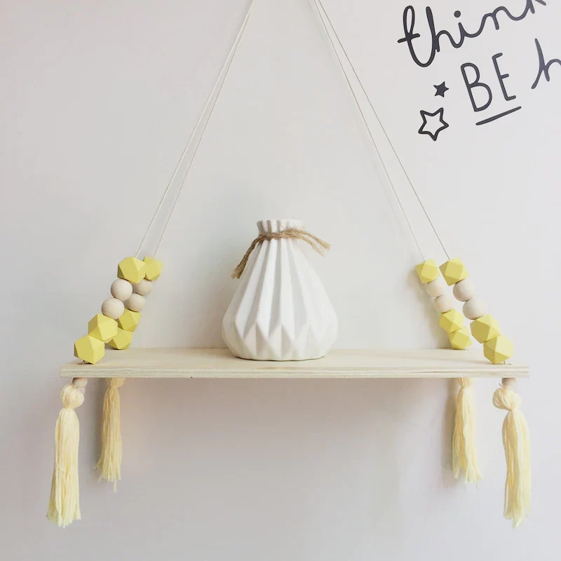HULIANFU Nordic Nursery & Kids Decor Tassels Storage Shelf Rack Wall Hanging Wood Toys Model Baby Kid Room Furnish Artic Home Decoration - Deanwangkt
