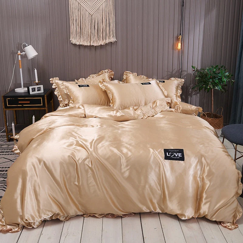 HULIANFU Pure Satin Silk Bedding Set Lace Luxury Duvet Cover Set Single Double Queen King Size 240x220 Couple Quilt Covers White Gray Red - Deanwangkt