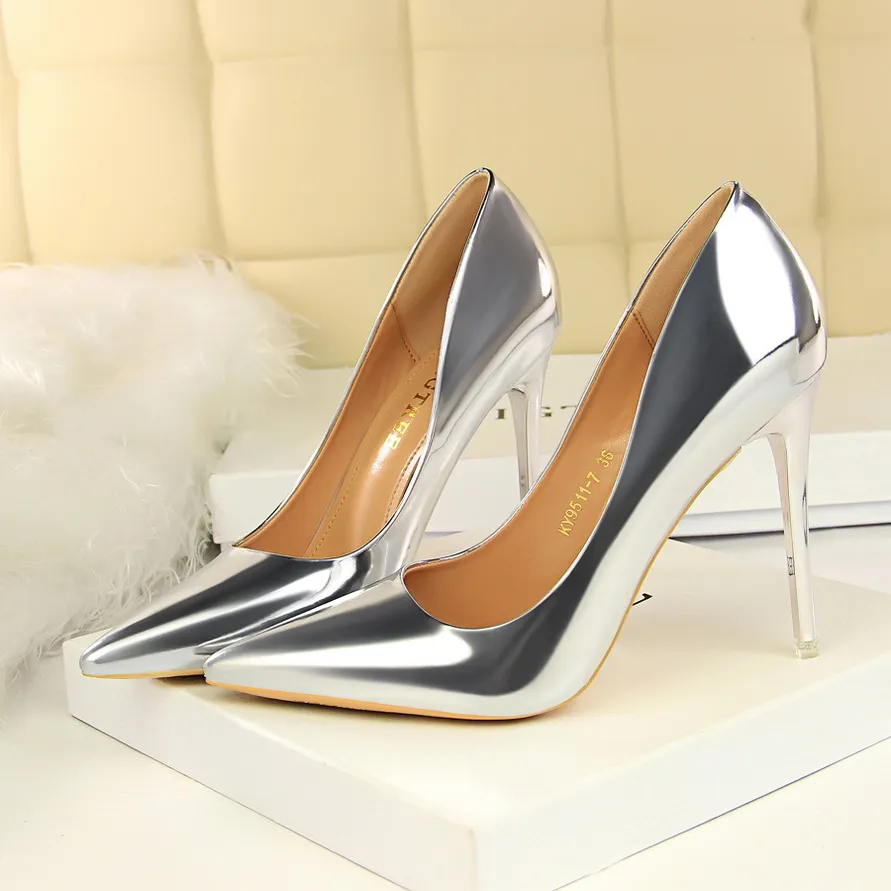 Women Patent Leather Pumps 7.5cm 10.5cm High Heels Lady Stiletto Low Heels Wedding Bridal Mteallic Silver Gold Sparkly Shoes - Deanwangkt