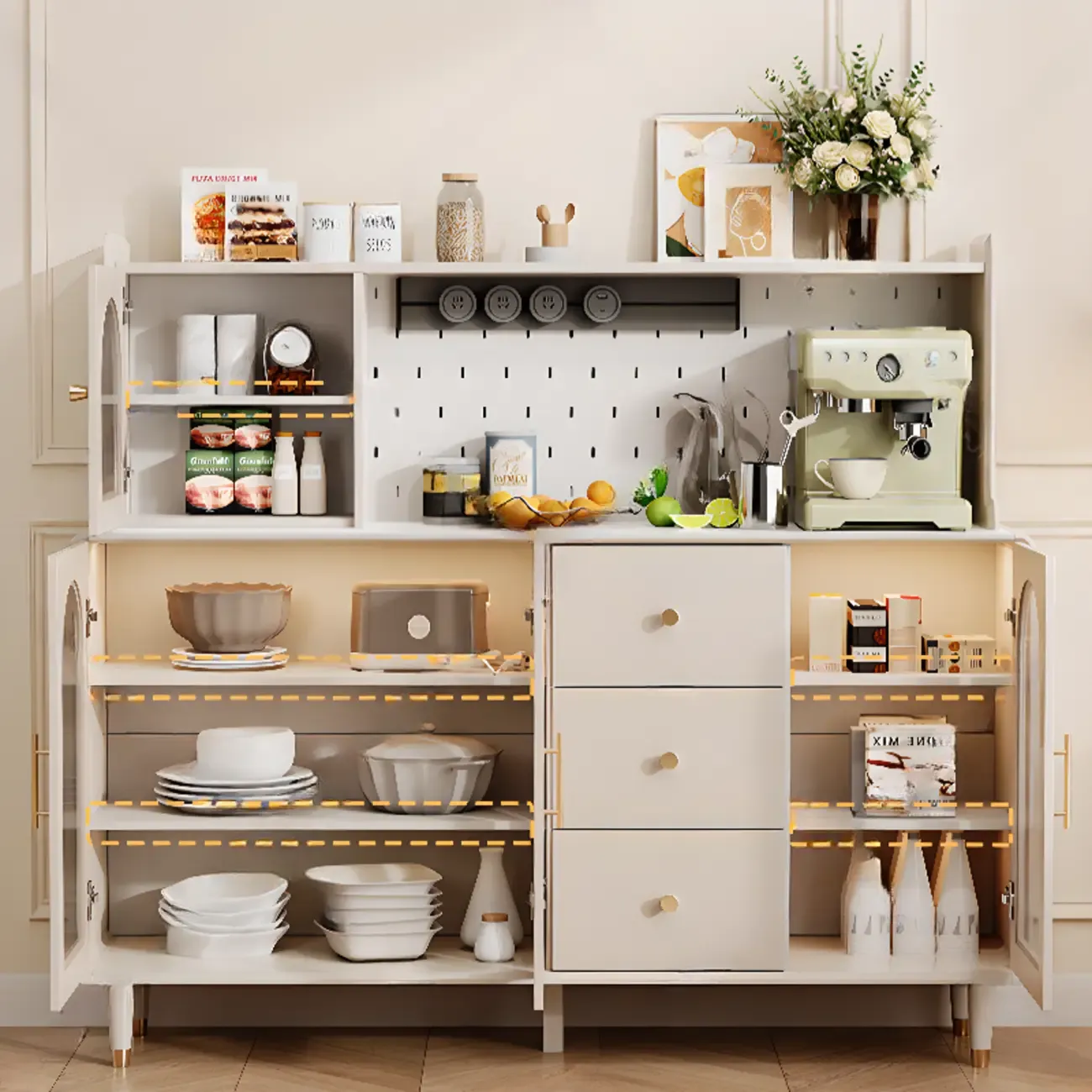 White 3-Drawer Glass Countertop Wood Sideboard