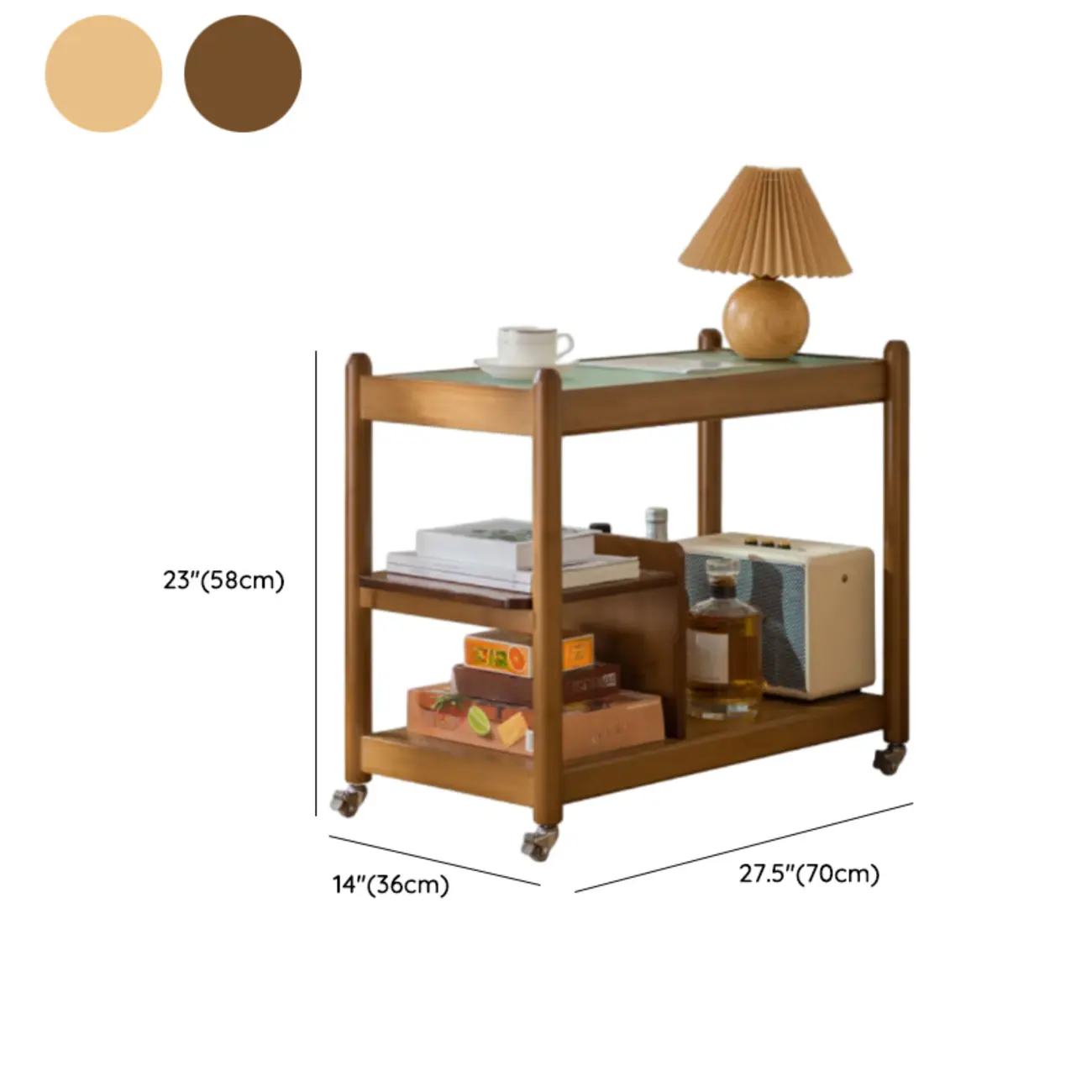 Rectangular Wide Nut-Brown Glass Top Side Table with Wheels