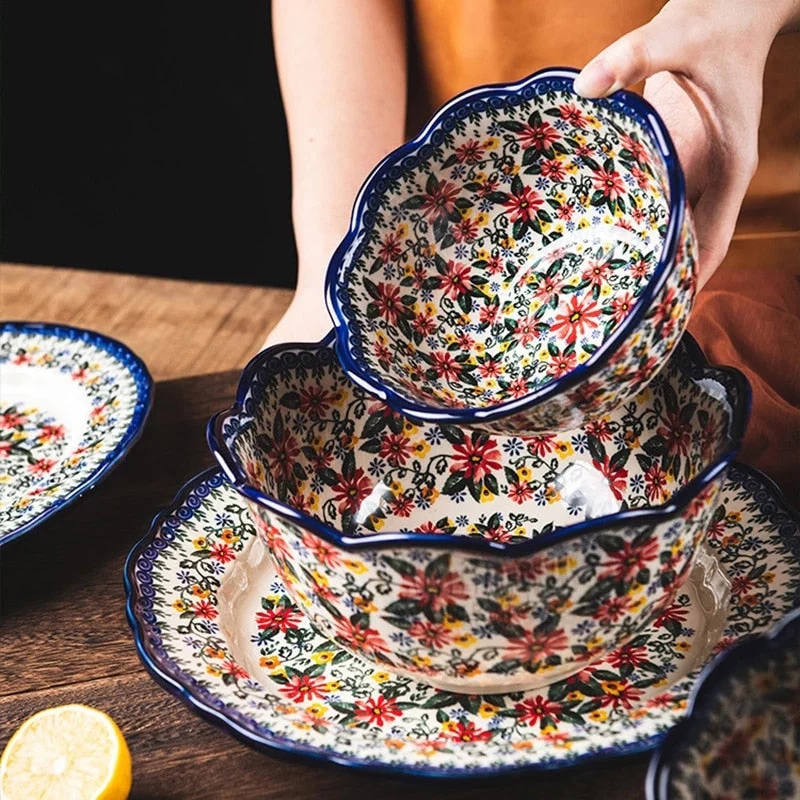 HULIANFU Krusoal Retro Ceramic Handle Salad Bowl Household Oven Breakfast Bake Pan Microwave Bohemia Binaural Soup In-glaze Tableware - Deanwangkt