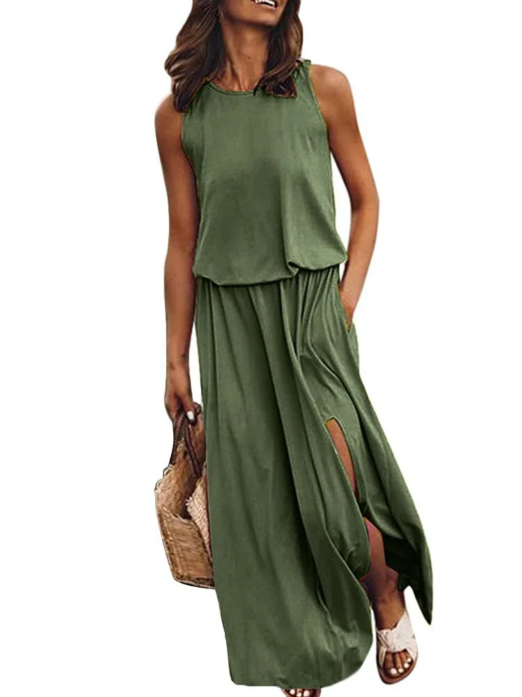 hulianfu Summer Solid Long Dress Women Casual Sleeveless Elastic Waist Side Slit Maxi Dresses Female O-Neck Loose Tank Dress Sundress - Deanwangkt