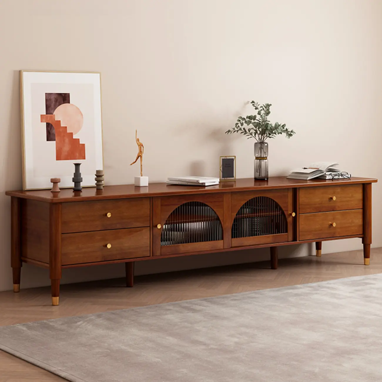 Long Brown 2-Drawer Pine Modern TV Stand with Cabinet