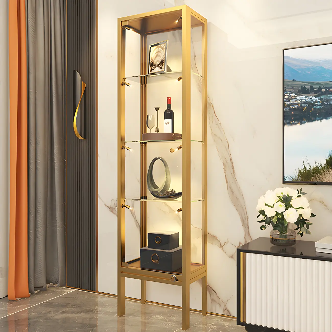 Glam Clear Glass Shelf Black Metal Frame Curio Cabinet