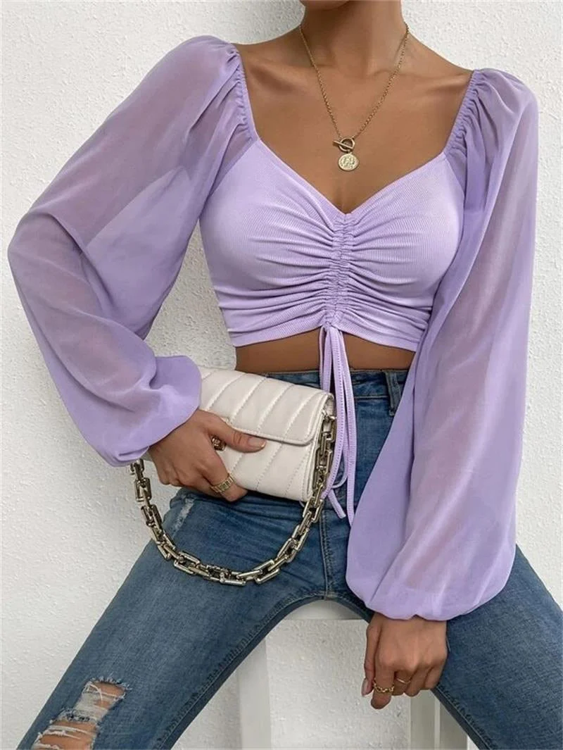 Hulianfu Fashion Sexy Low-cut Long Sleeve Crop Tops Women 2026  Summer Autumn Slim Solid Top Femme And Blouses Chiffon Shirt - Deanwangkt