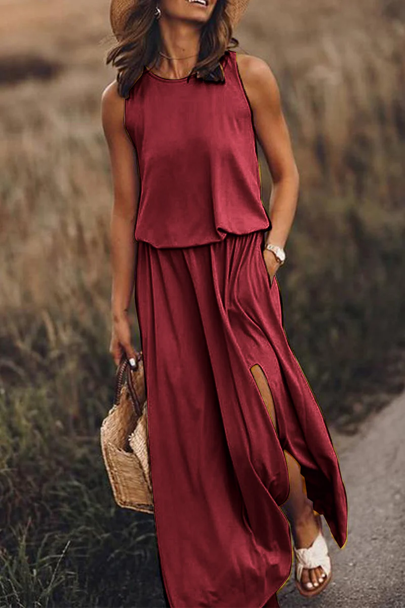 hulianfu Fashion Casual Solid Patchwork Slit O Neck Waist Skirt Dresses(8 Colors) - Deanwangkt