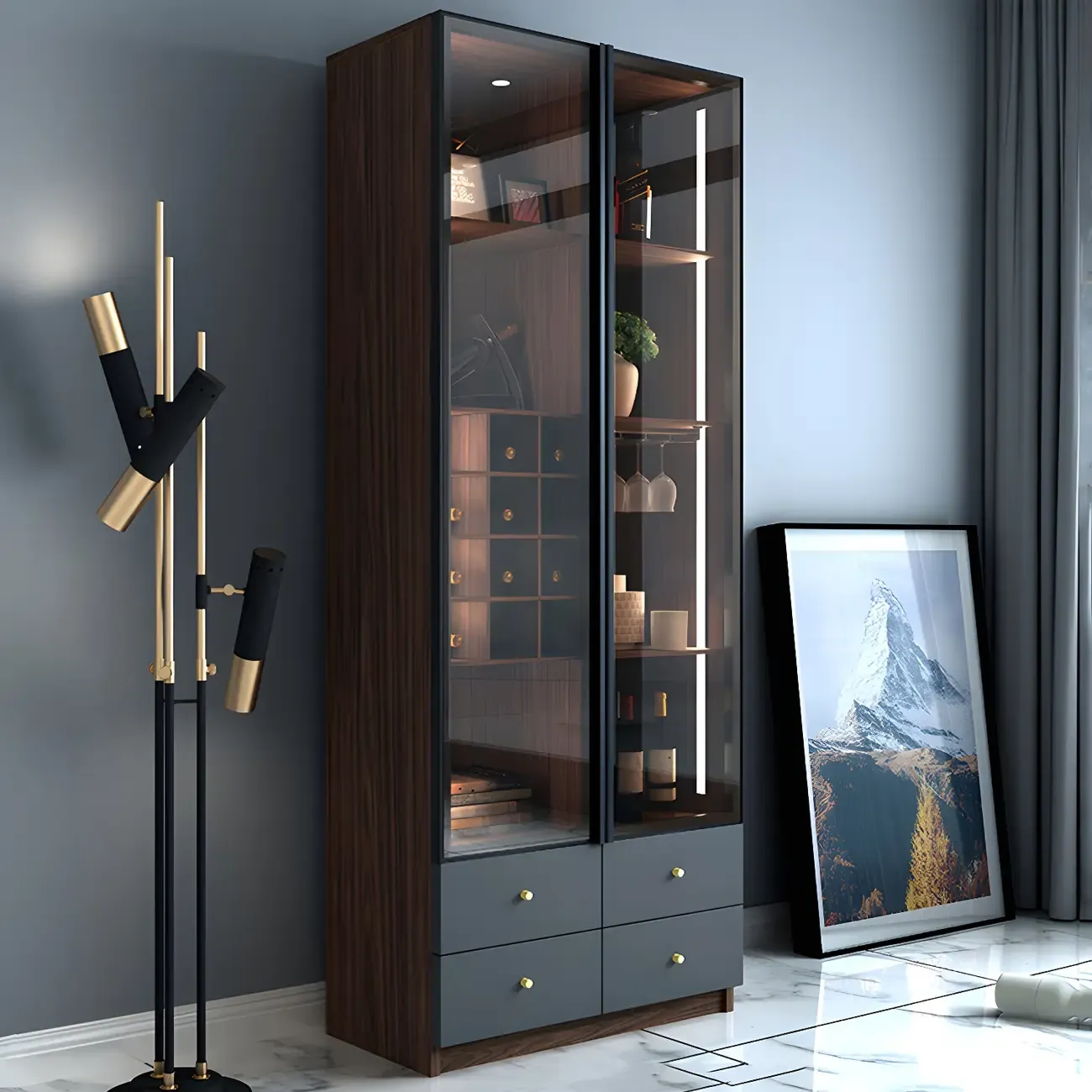 Amber Glass Door Wood Display Cabinet with Wine Storage