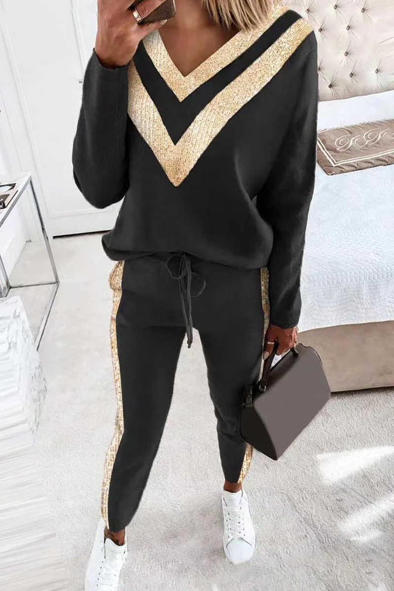 hulianfu Casual Street Solid Patchwork V Neck Long Sleeve Two Pieces(4 Colors) - Deanwangkt