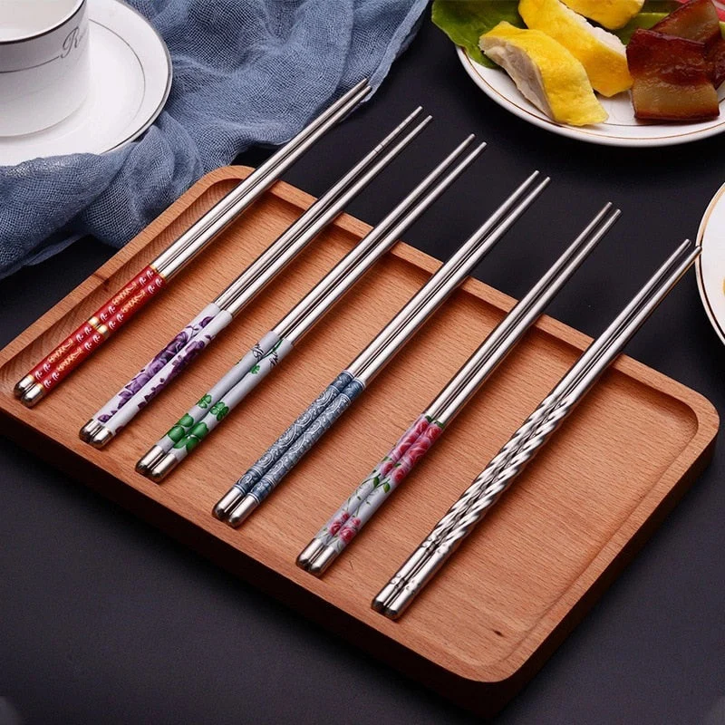 HULIANFU Stainless Steel Chopsticks Tableware Portable Reusable Blue Porcelain Patters Food Sticks Chopsticks Kitchen Dishes for Sushi - Deanwangkt