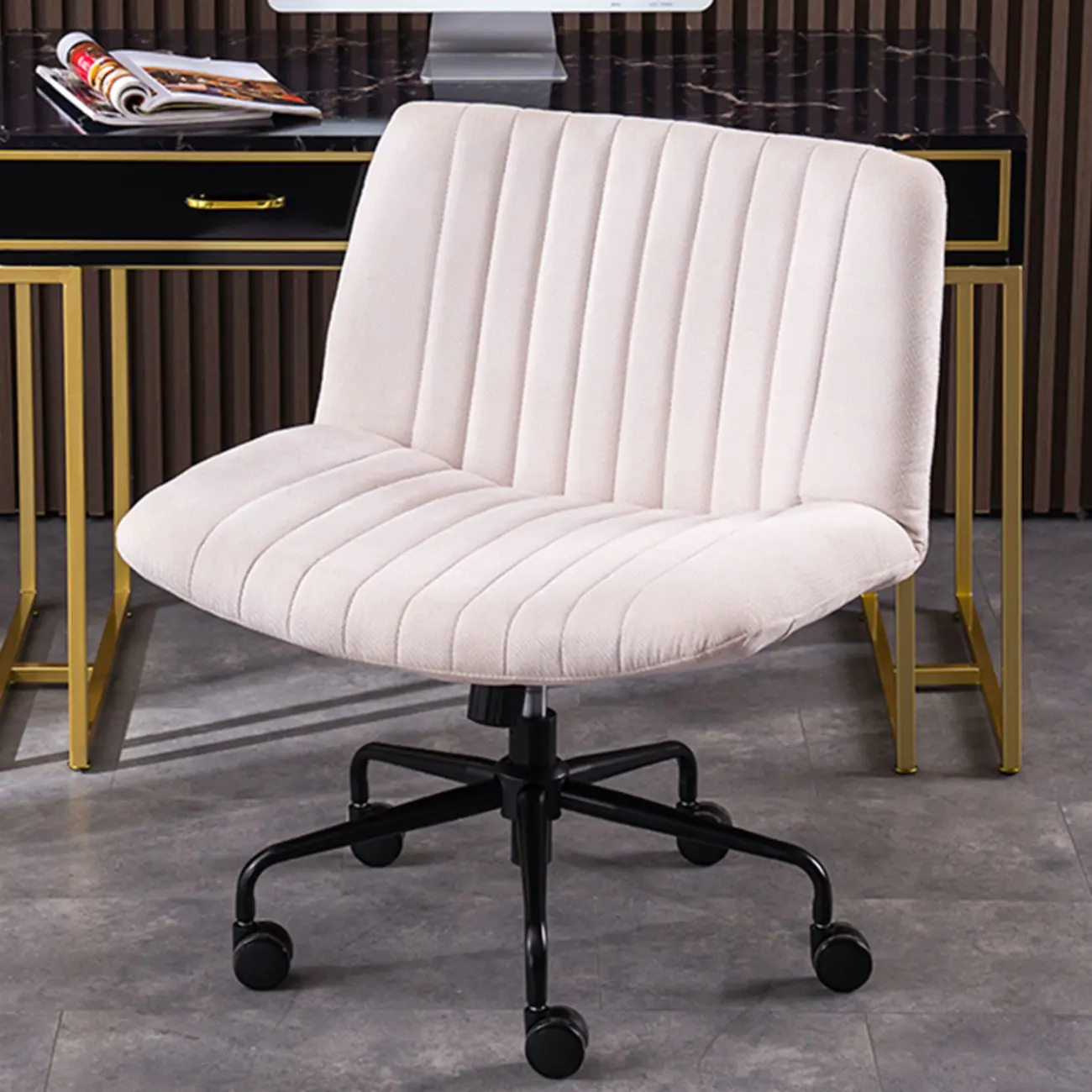 Elegant Gray Linen Upholstered Swivel Office Chair