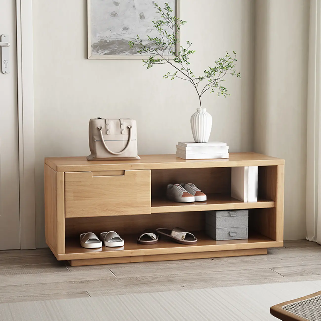 Entryway Rubberwood Singer Drawer Shoe Storage Bench