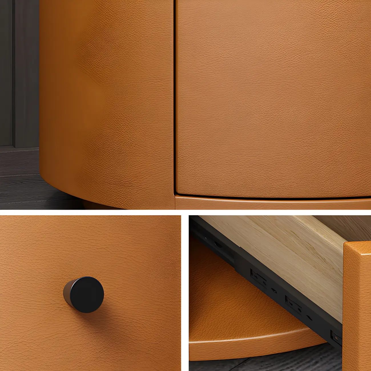 Modern Faux Leather Round Bedside Table with Two Drawers in Grey