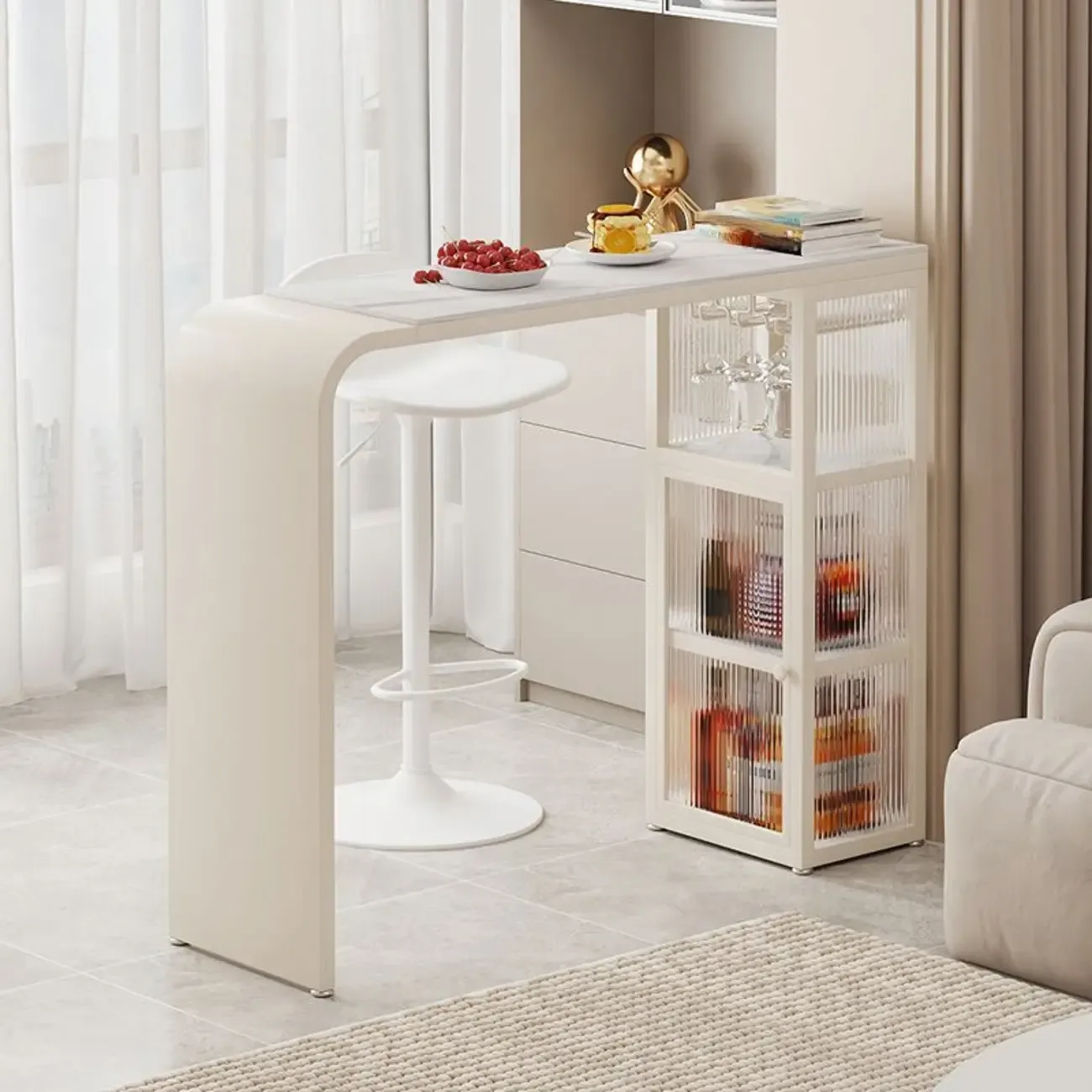 Nordic White Stone Sleek Bar Table with Glass Cabinet