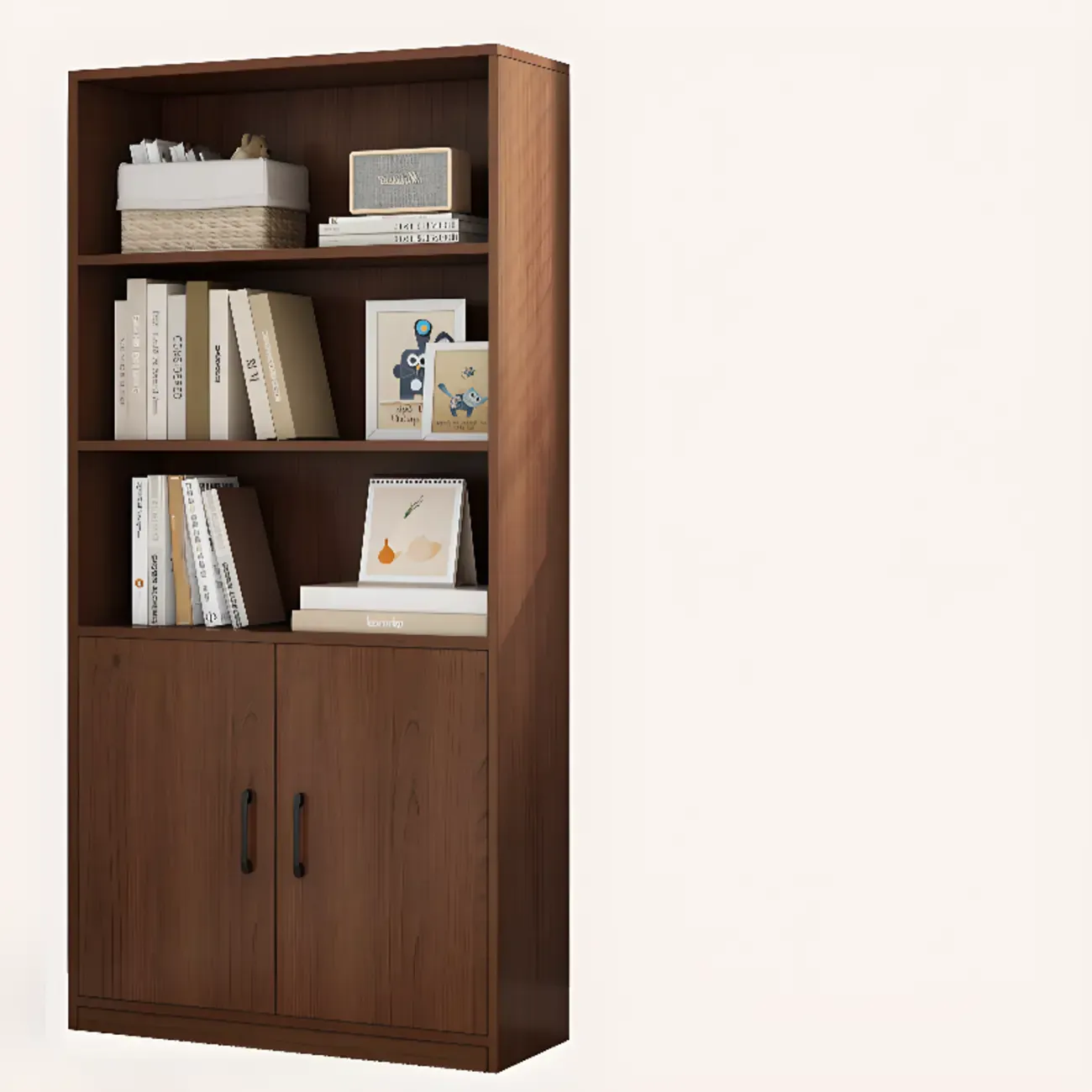 Narrow Modern Nut-Brown Wooden 3-Shelf Bookcase with Cabinet