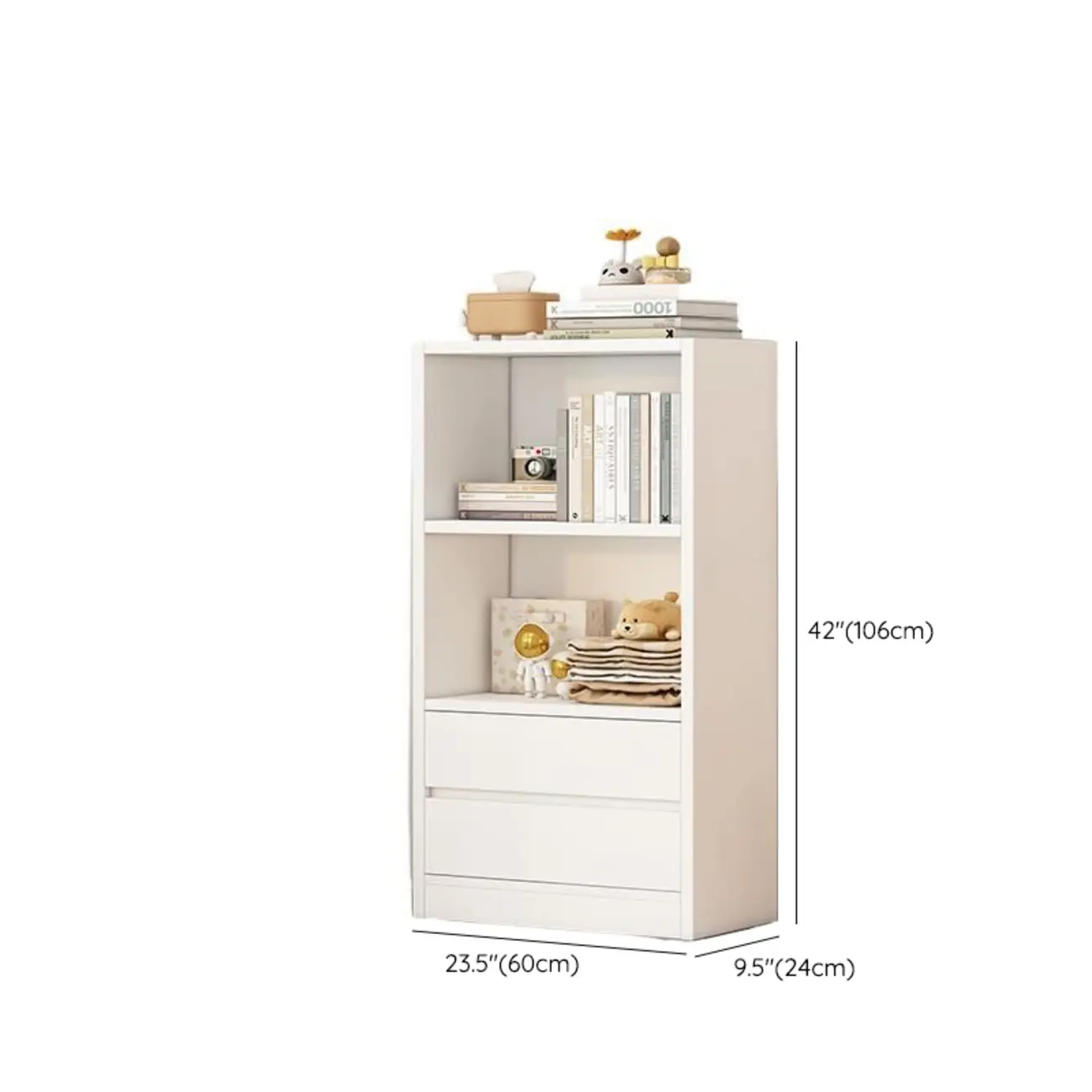 Simple Wooden White 3-Tier Bookcase with Drawers