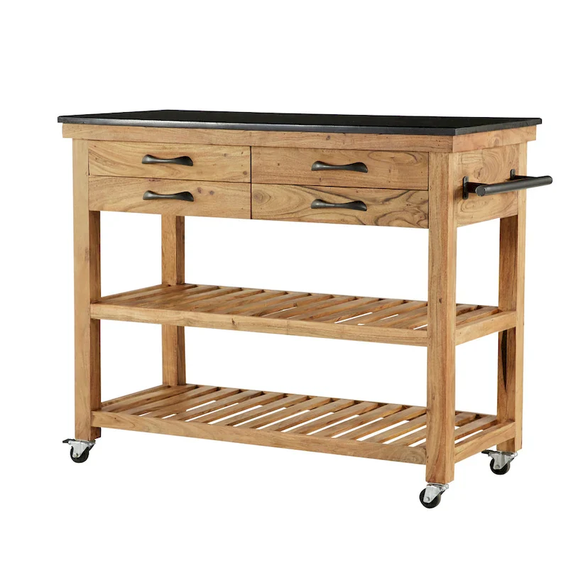 Wood Rolling 4 Drawer and 2 Shelf Kitchen Cart with Black Metal Handles and Marble Top - Brown - Roche River Decor