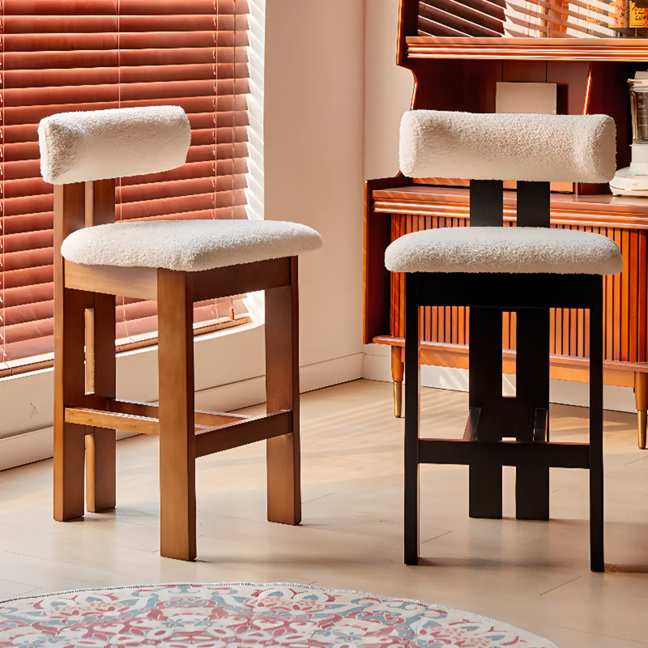 Wooden Boucle Cushioned Backrest Bar Stool