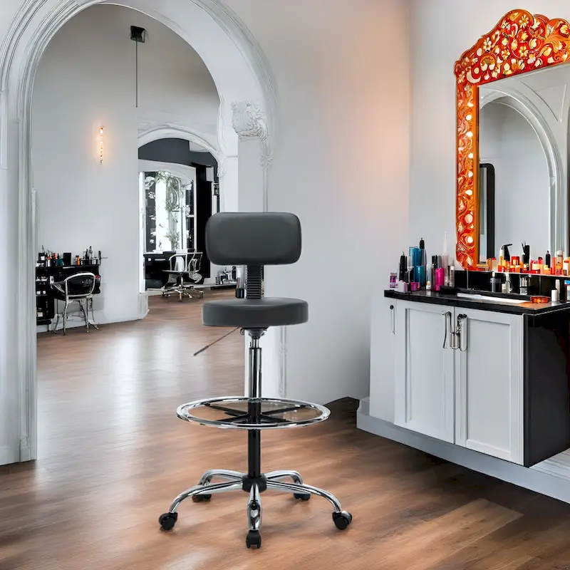 Height Adjustable Drafting Stool - With Premium Leather, Rolling Wheels