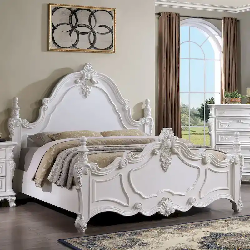 Furniture of America Eugene Traditional Dark Cherry Solid Wood Four Poster Panel Bed with Carved Details