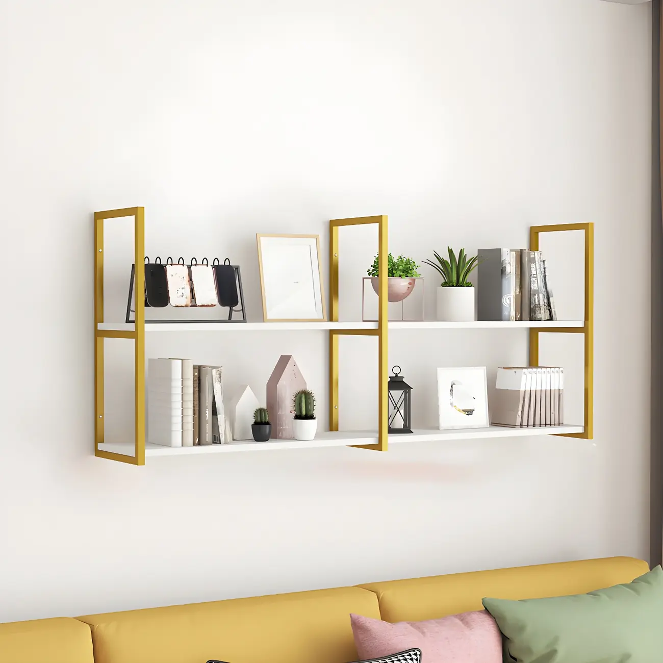 Modern Wall-Mounted Bookcase White Gold Display Shelf