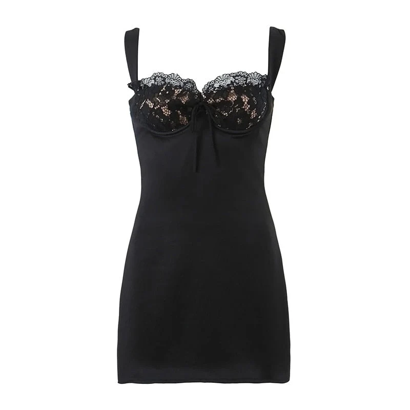 Hulianfu Spring Summer New Sexy Casual Lace Stitching Wavy Collar Halter Straps Bag Hip A-Line Short Mini Dress Women - Deanwangkt