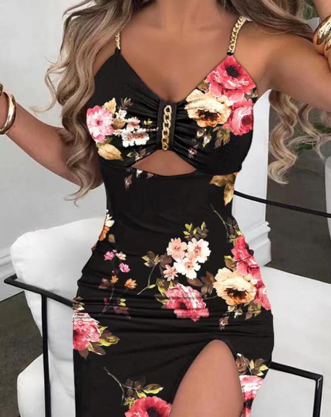 Hulianfu Sexy Spaghetti Strap Backless Floral Midi Bodycon Dress Women 2026  Summer Black  Metal Chain Party Long Dresses For Women - Deanwangkt