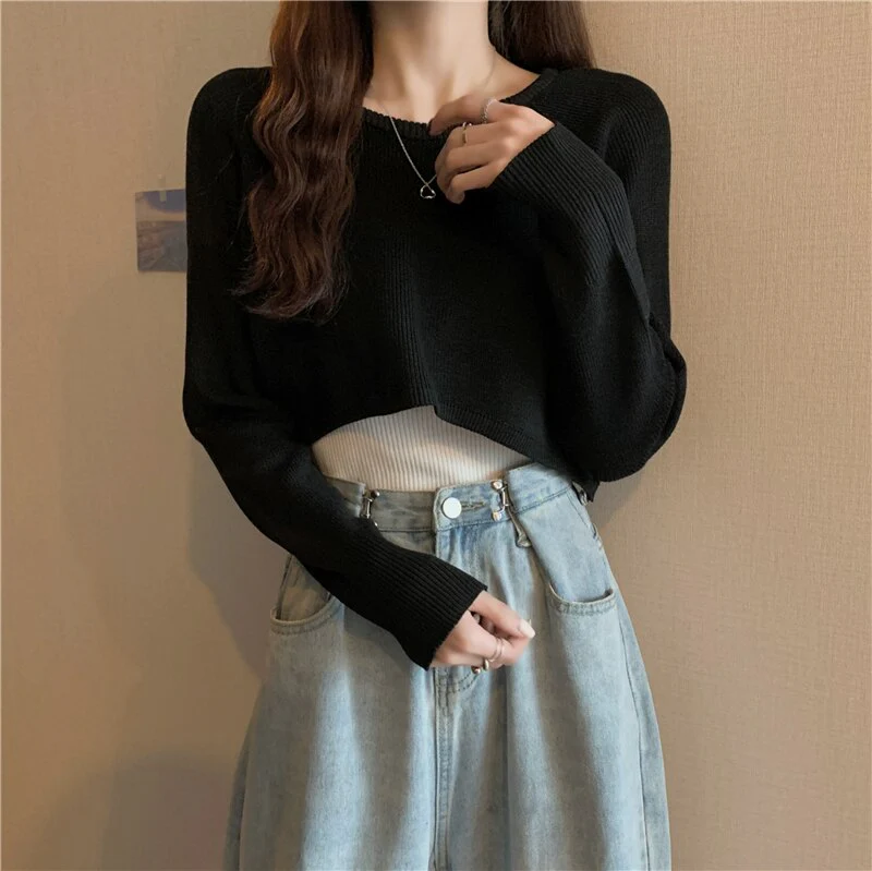 Hulianfu New Autumn Women Solid Sweater O-Neck Loose Sweater Pullover Crop Top Sweaters Shirts Femme Knit Outwear Jumpers - Deanwangkt