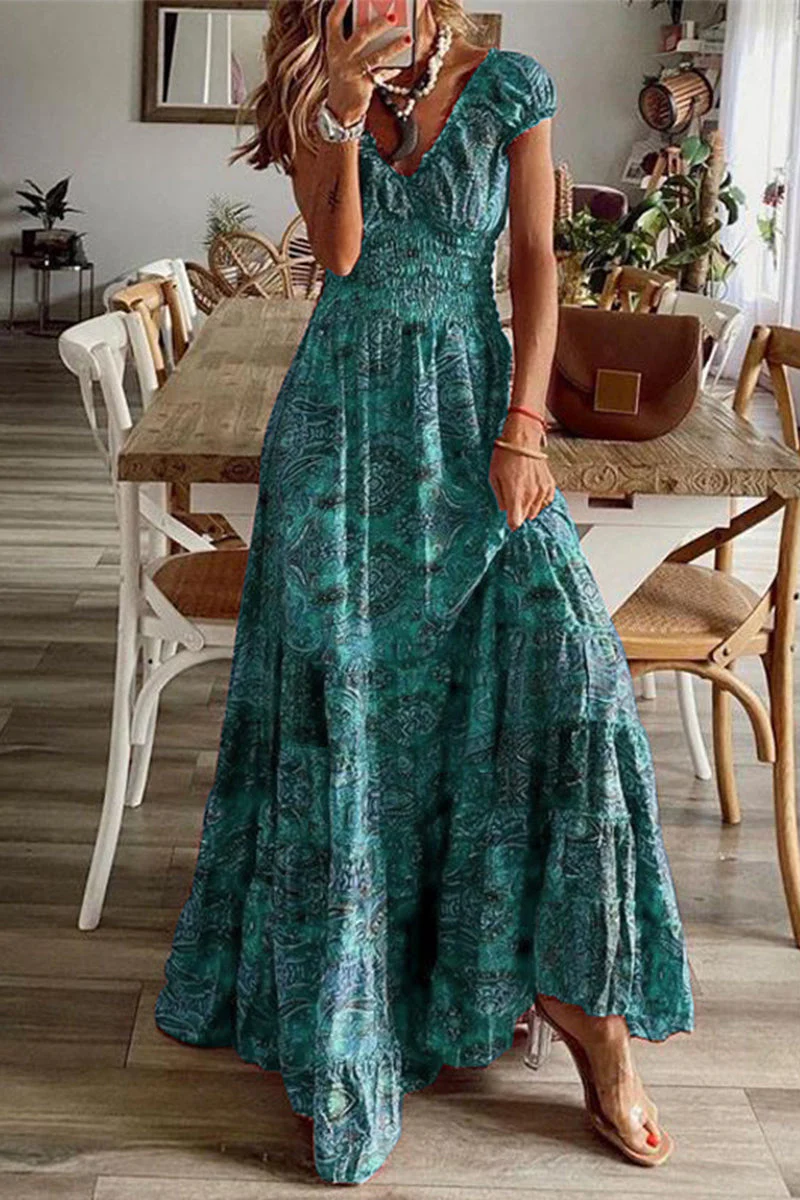 hulianfu - Bohemian College Print Fold V Neck A Line Dresses(6 Colors) - Deanwangkt