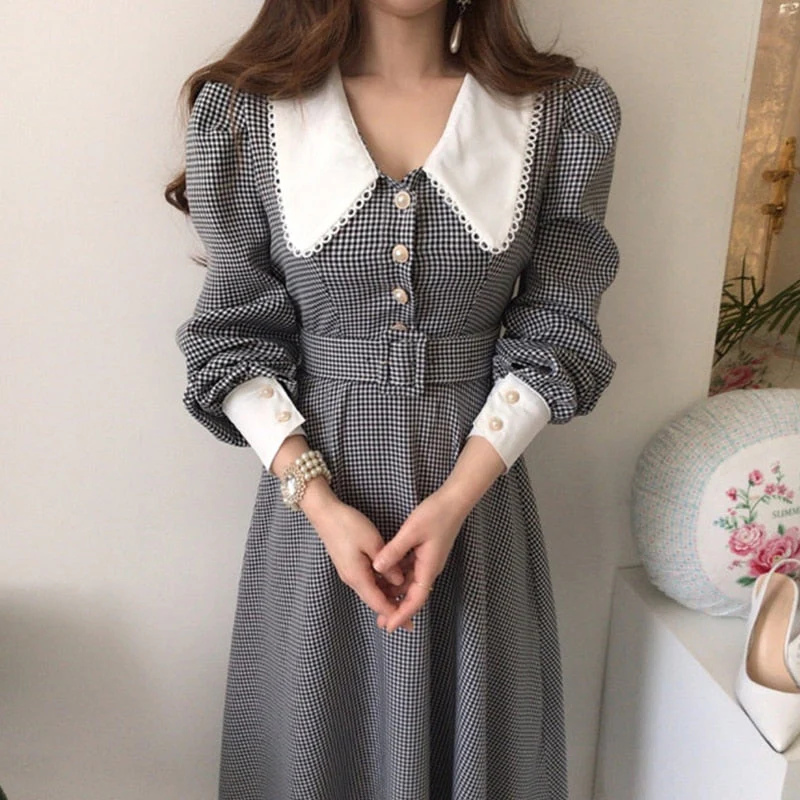 Hulianfu Vintage Lace Plaid Chic Puff Sleeve Woman Dresses Women Korean Temperament Office Lady Lapel Robe Slim Waist Long Sleeve Dress - Deanwangkt